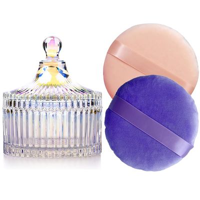 2 Pack Extra Large 5.2" Beige & Purple Powder Puffs and 5.3" Glass Container  Oversized Soft Body & Face Large Powder Puff Dusting Powder Jar Holder Case(Dazzling colors Glass)