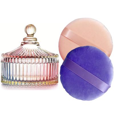 2 Pack Extra Large 5.2" Beige & Purple Powder Puffs and 5.3" Glass Container  Oversized Soft Body & Face Large Powder Puff Dusting Powder Jar Holder Case(Multi-Color Glass)