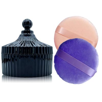2 Pack Extra Large 5.2" Beige & Purple Powder Puffs and 5.3" Glass Container  Oversized Soft Body & Face Large Powder Puff Dusting Powder Jar Holder Case(Black Glass)