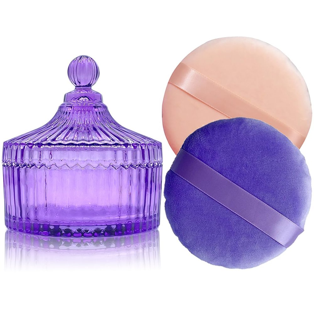 2 Pack Extra Large 5.2" Beige & Purple Powder Puffs and 5.3" Glass Container  Oversized Soft Body & Face Large Powder Puff Dusting Powder Jar Holder Case(Purple Glass)