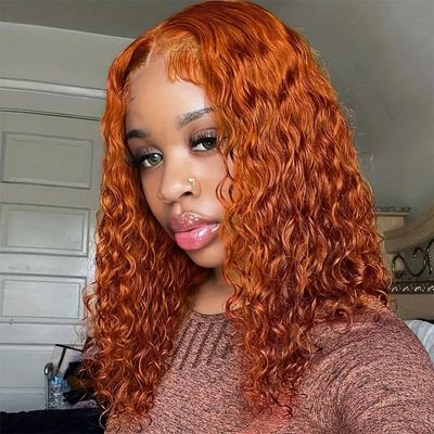 RUI MEI SI Glueless Wigs Human Hair Pre Plucked Pre Cut Curly Ginger Orange Lace Front Wigs for Beginners 4x4 Deep Wave Bob Wig Colored Human Hair for Black Women 12 Inch