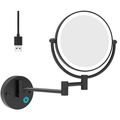 8 Inch Bathroom Mirror Wall Mounted Black, USB Rechargeable Makeup Mirror Two Sided 1X/5X Magnifying Adjustable LED Light Touch Screen Shaving Mirror 360 Swivel Vanity Mirror