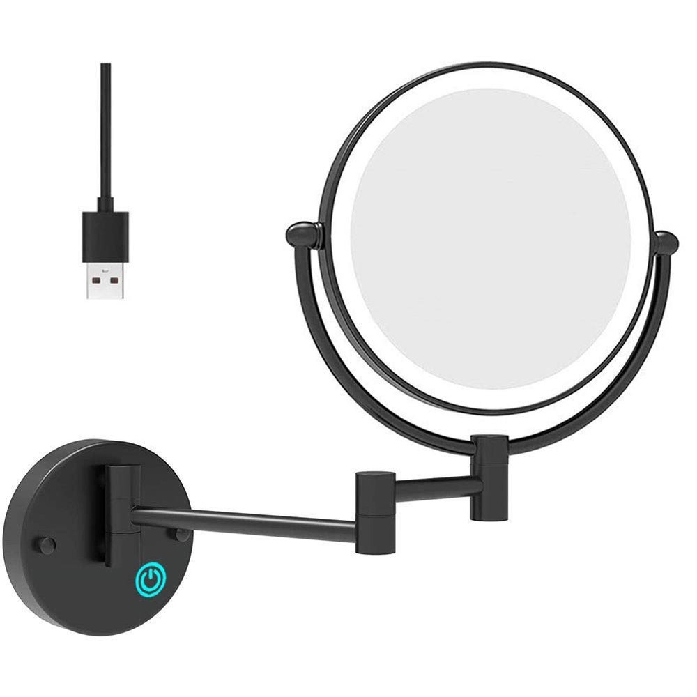 8 Inch Bathroom Mirror Wall Mounted Black, USB Rechargeable Makeup Mirror Two Sided 1X/5X Magnifying Adjustable LED Light Touch Screen Shaving Mirror 360 Swivel Vanity Mirror