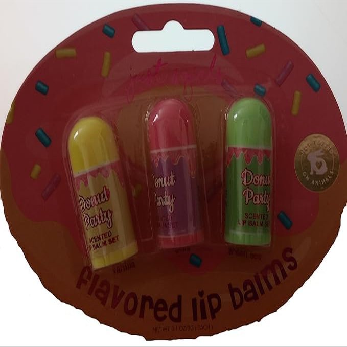 3 Stick Pack of Just 4 Girls: Donut Party Lip Balm; Vanilla, Jelly and Green Tea Flavors 0.1 oz each