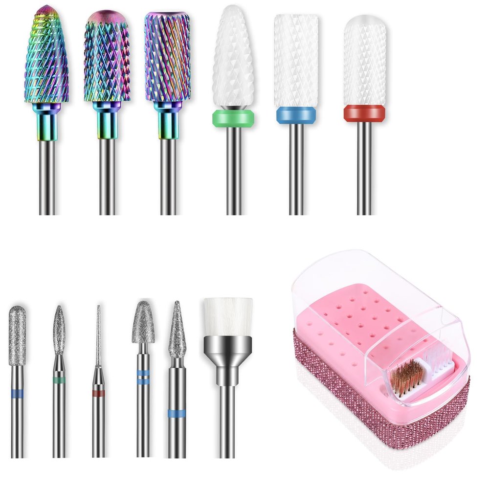 13PCS Nail Drill Bits Set & 30 Holes Nail Bits Holder Case with Cleaning Brush for Home Salon