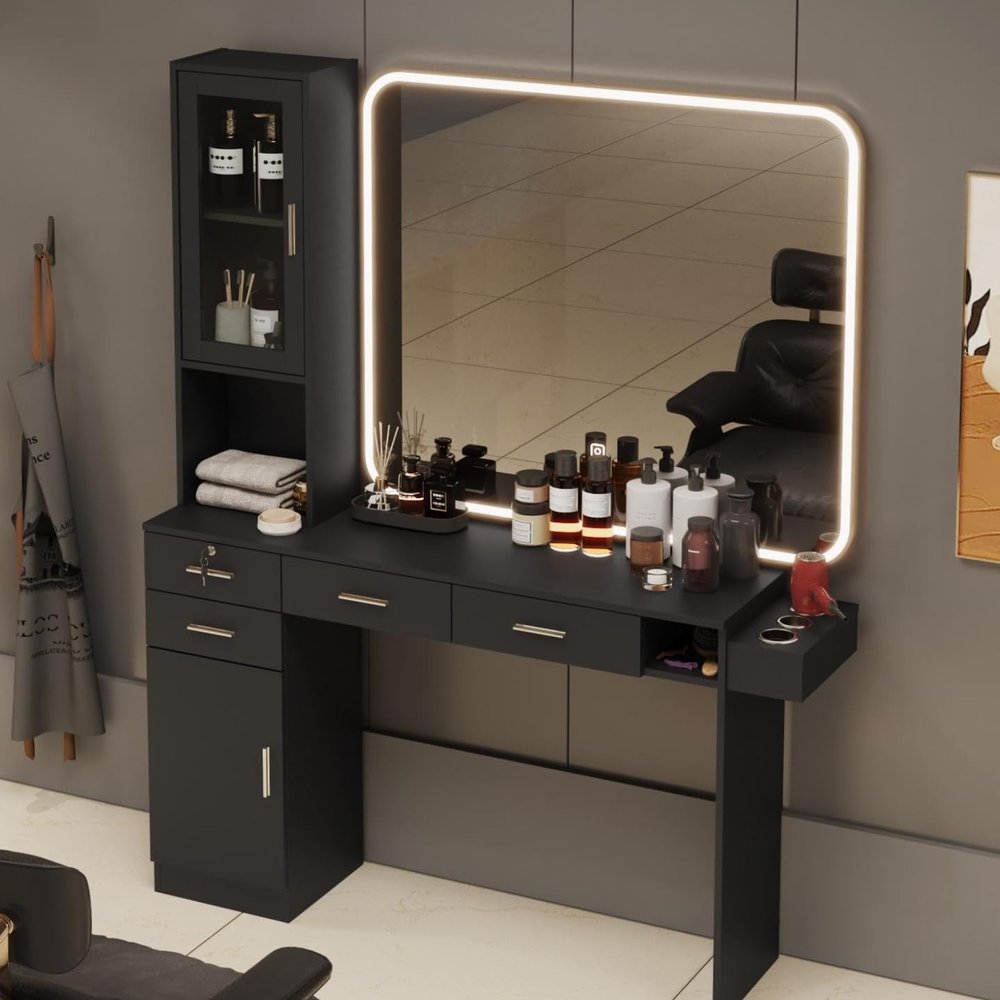 advwin Salon Station for Hair Styling, Barber Furniture w/Hair Dryer Holder, Cabinet & Drawers, Wall Mount Hair Salon Equipment Without Mirror, Black
