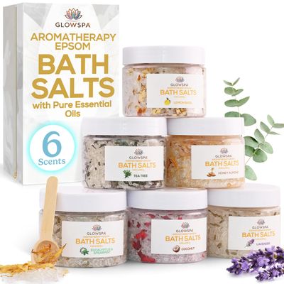 Bath Salts Gift Set for Women  Pack of 6 Scents: Lavender, Rose, Chamomile, Eucalyptus, Coconut, Orange  Epsom Salt Gift Set, Bath Crystals for Women Relaxing, Self Care Gift for Mom