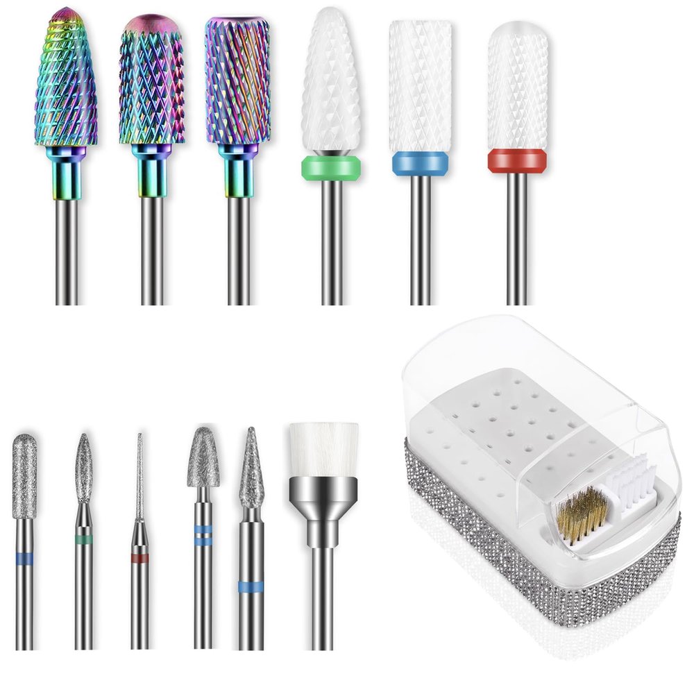 13PCS Nail Drill Bits Set & 30 Holes Nail Bits Holder Case with Cleaning Brush for Home Salon