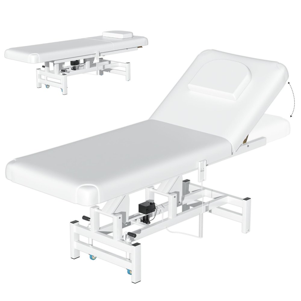 Electric Lift Massage Table with Lockable Wheels, Electric Massage Treatment Table with 4'' Think Premium Foam, 1500Lbs Capacity, Physical Therapy Table with Ajustable Backrest for Facial, Spa (WHITE)