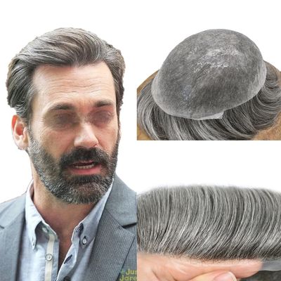 Toupee for Men Hairpieces Replacement System All V-loop 0.04mm Ultra Thin Skin Mens Toupee Human Hair Piece Gray Hair Units Wigs for Men #1B50 Off Black+50% Gray-100% Light to Med-Light Density 6"X8"
