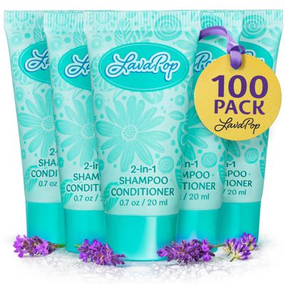 LavaPop - Travel Size 2-in-1 Shampoo & Conditioner - Iris, Violet & Amber, 0.7 fl oz, 100 Pack - Calming & Comforting Conditioning Shampoo - Bulk Hotel Toiletries for Airbnb, Motels & Guest Rooms