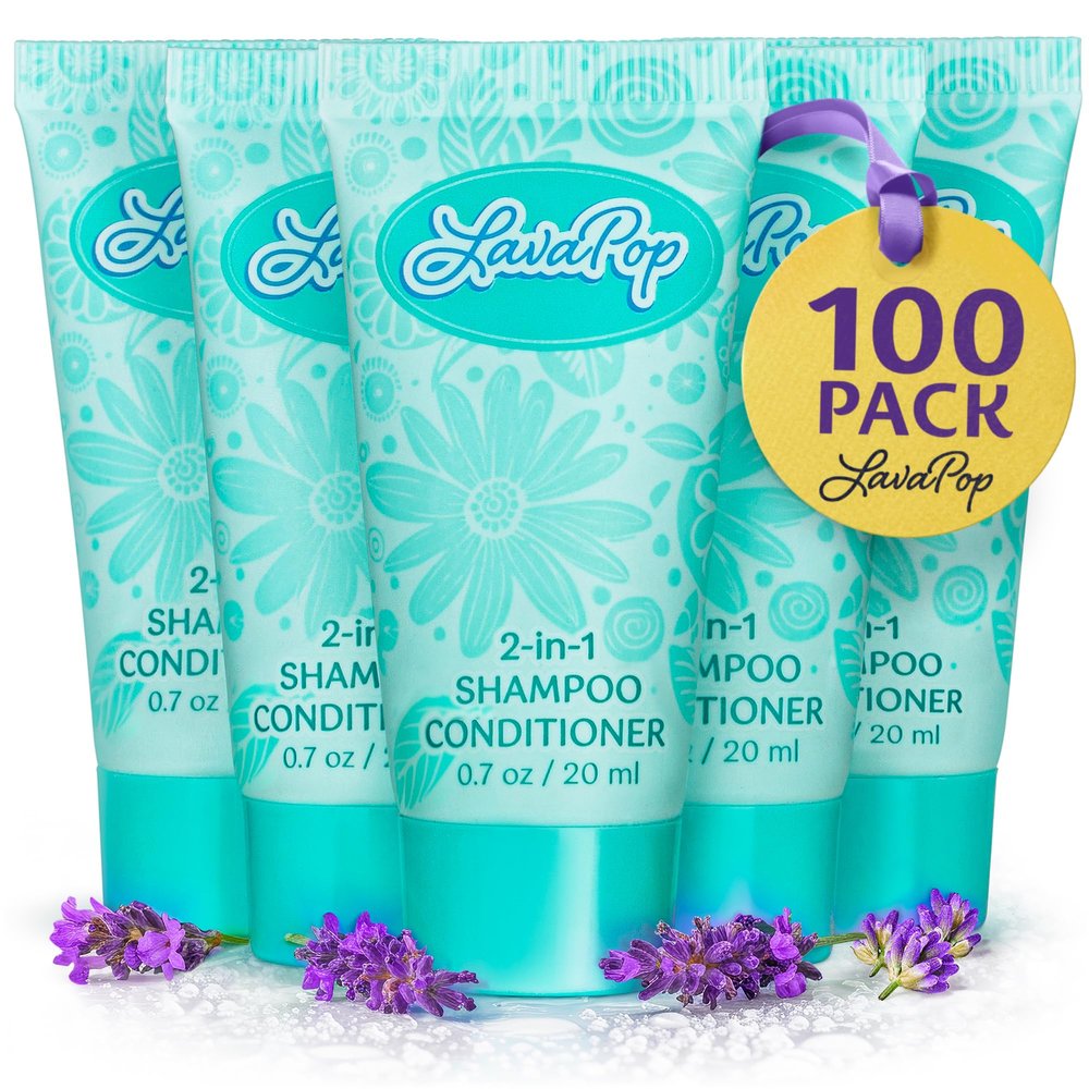 LavaPop - Travel Size 2-in-1 Shampoo & Conditioner - Iris, Violet & Amber, 0.7 fl oz, 100 Pack - Calming & Comforting Conditioning Shampoo - Bulk Hotel Toiletries for Airbnb, Motels & Guest Rooms