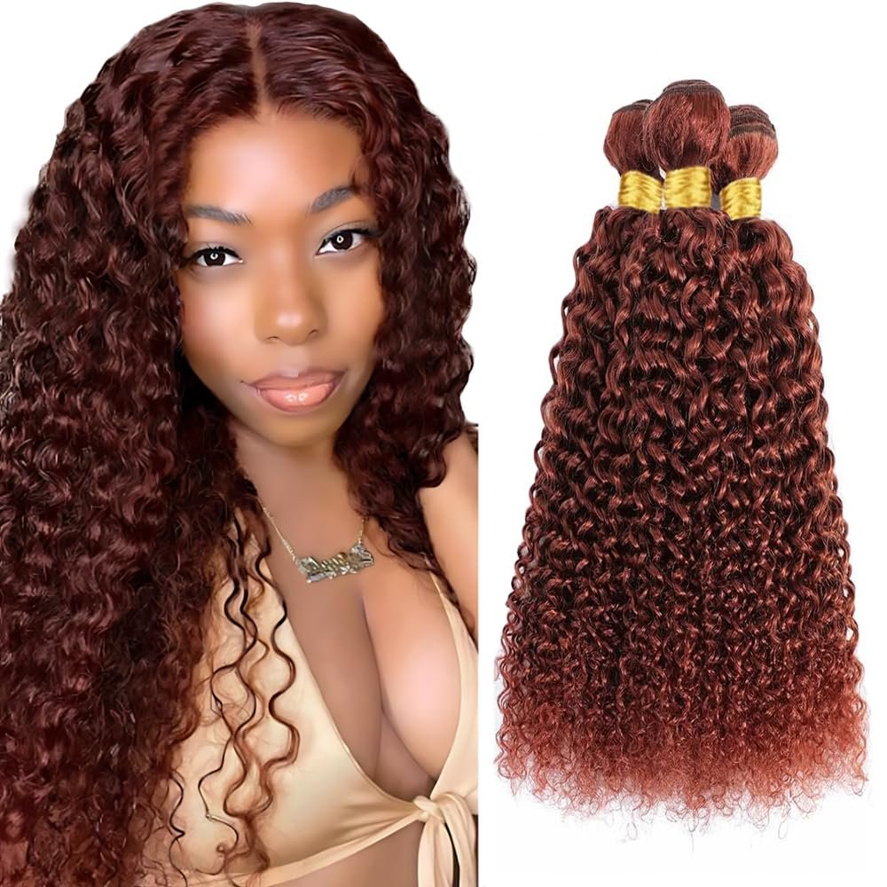 Auburn Kinky Curly Bundles Human Hair Reddish Brown Bundles Cooper Red Curly Wave Bundle 24 26 28 Inch 300g Double Weft Unprocessed Brazilian Virgin Remy Weave Color #33 Hair Extension