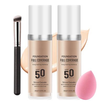 2PCS Natural Color Foundation Set with Brush and Makeup Sponge,SPF 50 PA+++ Oil Control Full Coverage Liquid Foundation Makeup,Flawless Moisturizing Concealer for All Skin Types