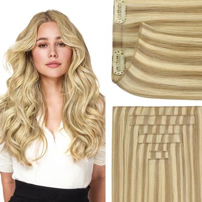 GOO GOO Genius Clip in Hair Extensions, 16inch 120g 7pcs, Seamless PU Clip in Hair Extensions, Virgin Real Human Hair, #P16/22A Light Blonde Highlighted Golden Blonde