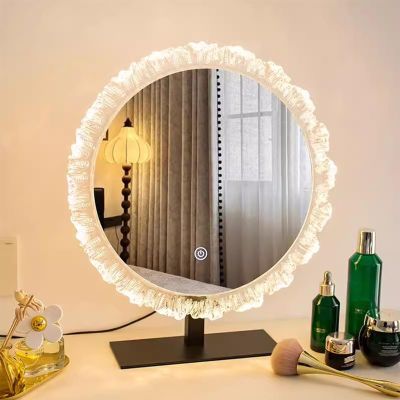 HXYhydrypd Tabletop Vanity Mirror with Touch Control, LED Lighted Makeup Mirror with Crystal Design Frame(Black,50cm)