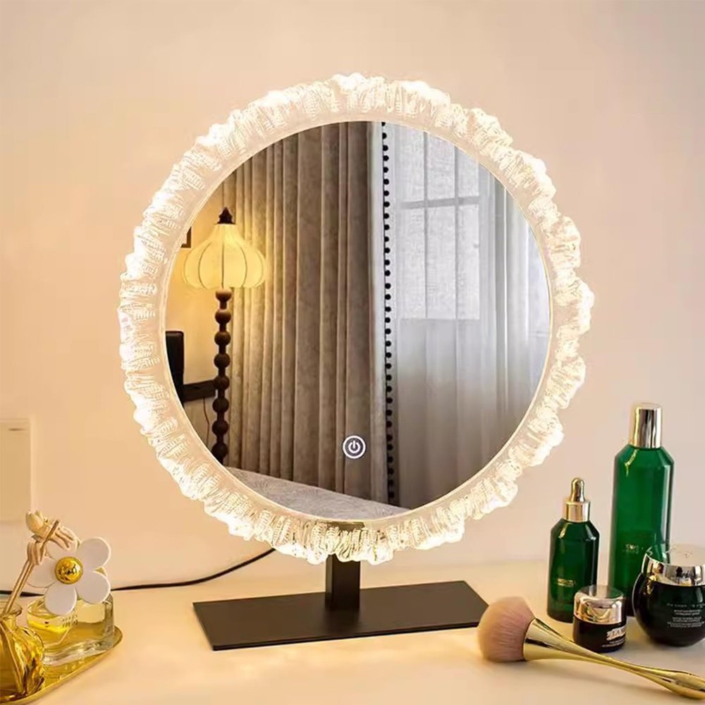 HXYhydrypd Tabletop Vanity Mirror with Touch Control, LED Lighted Makeup Mirror with Crystal Design Frame(Black,50cm)