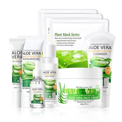 9 Pcs Aloe Vera Skincare Set with Moisturizing Facial Cleanser,Toner,Face Serum, Facial Cream, Eye Cream,Aloe Vera Gel and 3 Hydrating Face Sheet Masks Skin Care Set