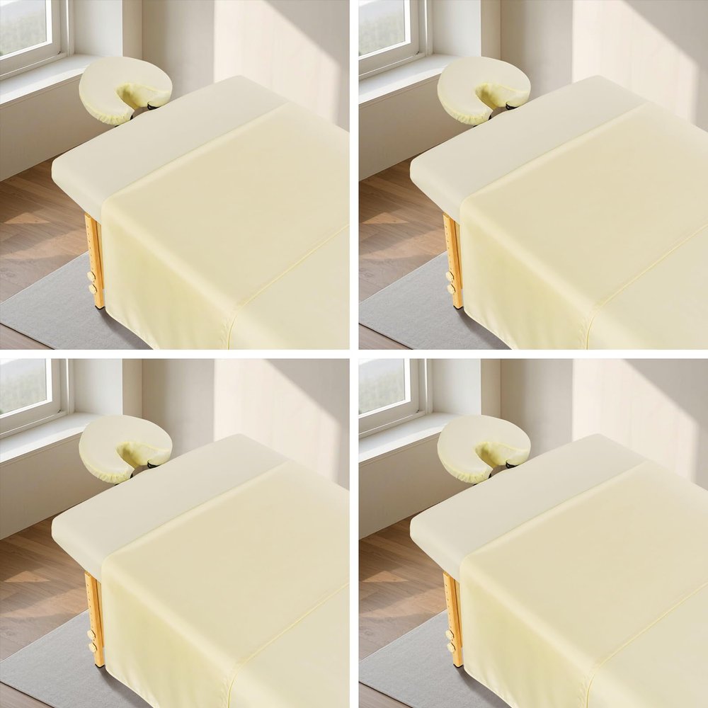 FAHKNS 4 Sets Premium Microfiber Massage Table Sheets Set, 3 Piece Set Ultra-Light Massage Table Cover, Soft Massage Sheets Sets Include Flat Sheet, Fitted Sheet, and Massage Face Rest Cover, Beige
