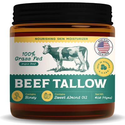 All Natural Beef Tallow For Skin - Grass Fed Beef Tallow and Honey Balm with Almond Oil - Unscented Whipped Tallow Moisturizer for Dry Skin, Eczema & Sensitive Skin Care | Handmade in USA | 4oz