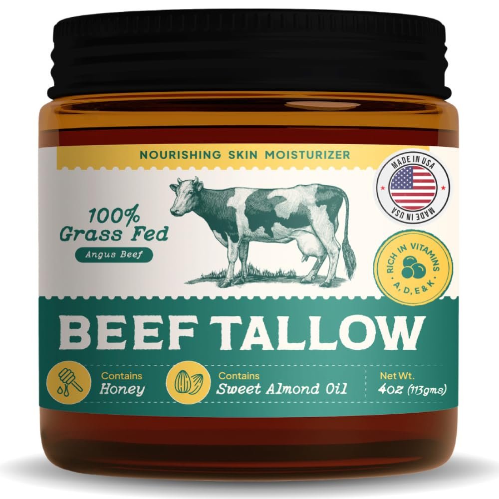 All Natural Beef Tallow For Skin - Grass Fed Beef Tallow and Honey Balm with Almond Oil - Unscented Whipped Tallow Moisturizer for Dry Skin, Eczema & Sensitive Skin Care | Handmade in USA | 4oz