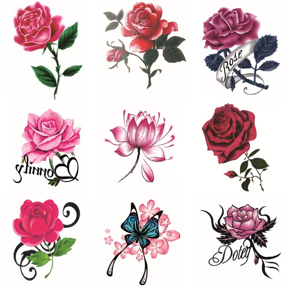 100pcs Rose Flower Butterfly Tattoo, Adult Art Design, Party Tattoo, Realistic, Waterproof, Non-Reflective No Adhesive
