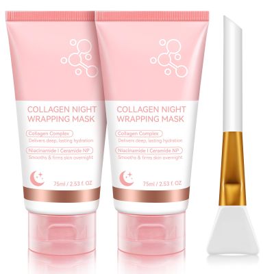 2 Pack Collagen Night Wrapping Mask with Brush 2.53 fl.oz, Collagen Overnight Peel Off Facial Mask, Hydrolyzed Collagen Face Mask, Reduces Sagging & Dullness - Hydrolyzed Face for Glowing Glass Skin