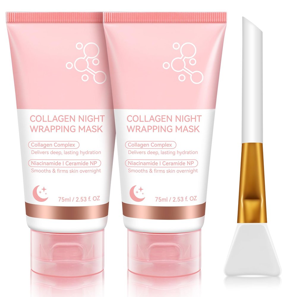 2 Pack Collagen Night Wrapping Mask with Brush 2.53 fl.oz, Collagen Overnight Peel Off Facial Mask, Hydrolyzed Collagen Face Mask, Reduces Sagging & Dullness - Hydrolyzed Face for Glowing Glass Skin