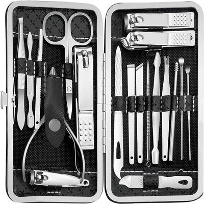 BesPick 19 Pieces Fingernail and Toenail Professional Manicure Pedicure Nail Clippers Set Stainless Steel Nail Cutter Scissors Grooming Kit with Luxurious Travel Case (Black)