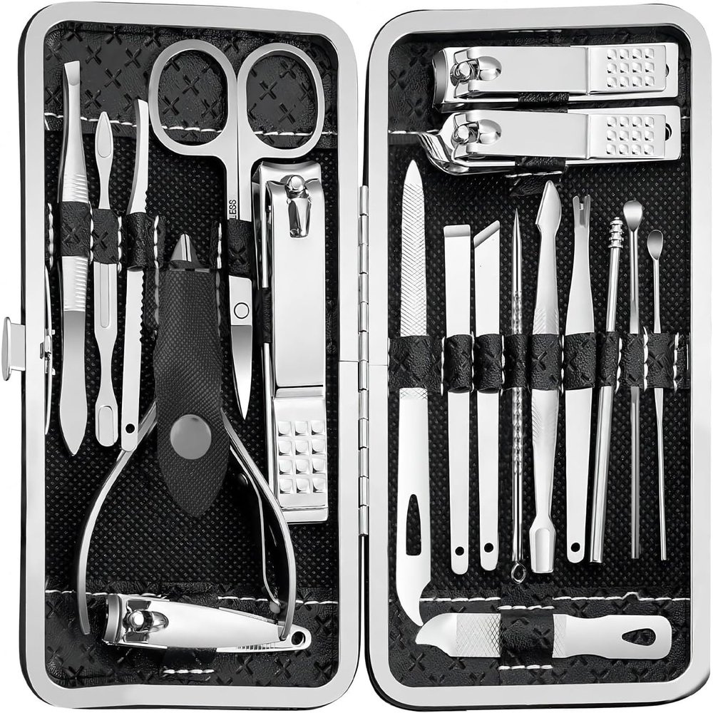 BesPick 19 Pieces Fingernail and Toenail Professional Manicure Pedicure Nail Clippers Set Stainless Steel Nail Cutter Scissors Grooming Kit with Luxurious Travel Case (Black)
