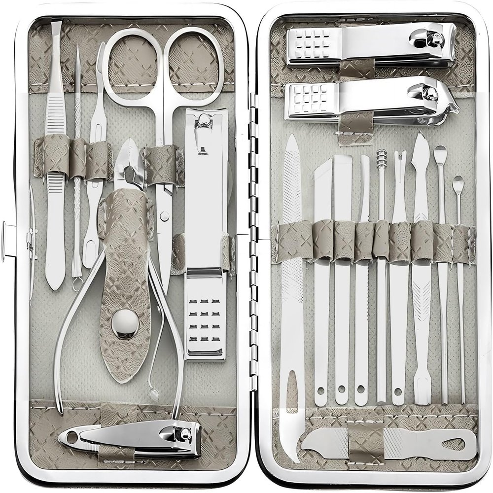 BesPick 19 Pieces Fingernail and Toenail Professional Manicure Pedicure Nail Clippers Set Stainless Steel Nail Cutter Scissors Grooming Kit with Luxurious Travel Case (Gray)