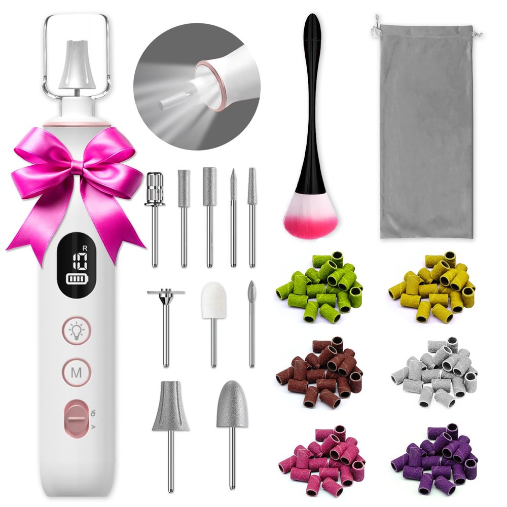 Electric Nail File, 10 Speeds Cordless Nail Drill with LED Light, Portable Manicure Pedicure Kit for Acrylic Gel Nails Thick Toenails Nail Grind, Hand Natural Nails Care - 10 Bits & 120 Sanding Bands