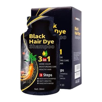 3-in-1 Black Hair Dye Shampoo  30ml x 10 Sachets | Natural Color Treatment | Easy 3-Step Application for Long-Lasting Coverage