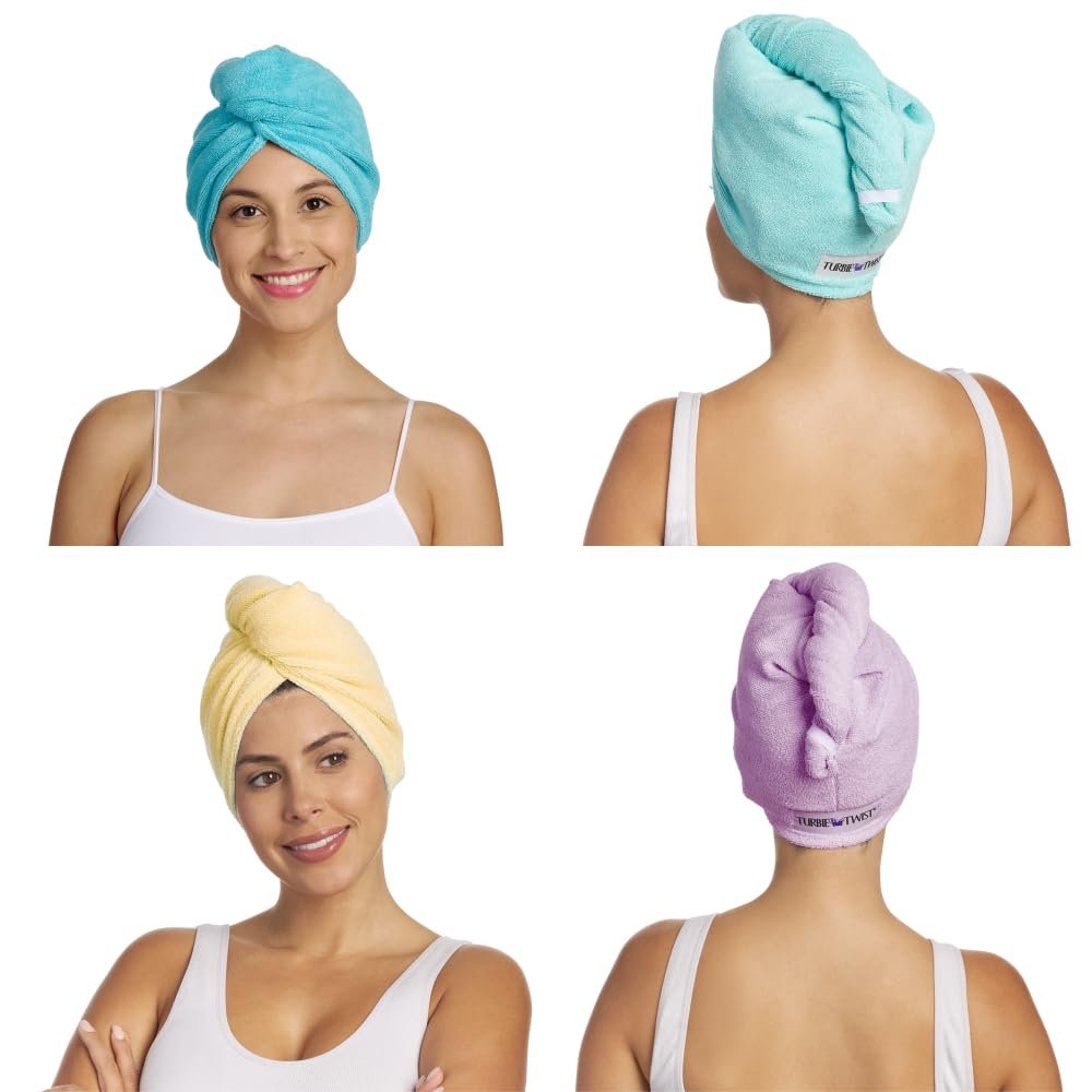 Turbie Twist Microfiber Hair Towel Wrap - for Women, Men & Kids - Travel & Bathroom Essential - Quick Dry Hair Turban for Curly, Long & Thick Hair - 2 Pack (Dark Aqua, Light Aqua, Lilac/Lemon)