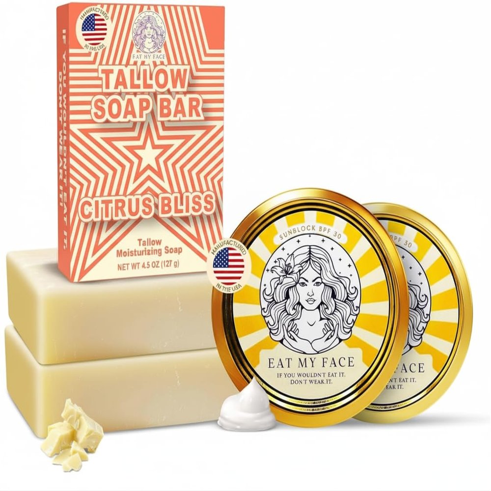 Eat My Face 2 Beef Tallow Sunscreens SPF 30 & 2 Beef Tallow Soaps Bundle, Organic Sunscreen for Face with Non Nano Zinc Oxide, Citrus Bergamot Soap Bar, Moisturizing Handmade Tallow Soap