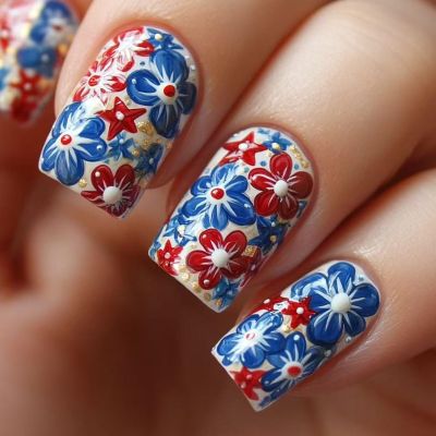 4th of July Press on Nails MIXFOSAHN Medium Square Fake Nails Red Blue False Nails with Prosperous Flowers Designs Glossy Stick on Nails July 4 Nails Glue on Nails for Women Girls 24 Pcs