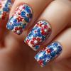 4th of July Press on Nails MIXFOSAHN Medium Square Fake Nails Red Blue False Nails with Prosperous Flowers Designs Glossy Stick on Nails July 4 Nails Glue on Nails for Women Girls 24 Pcs view 1