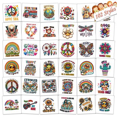 102 PCS Individually Wrapped Groovy 70s Temporary Tattoos for kids - Retro Flower Power Temporary for Girls Boy Body Arm Shoulder Cute Tattoos Stickers, Birthday Party Supplies Gifts for Kids