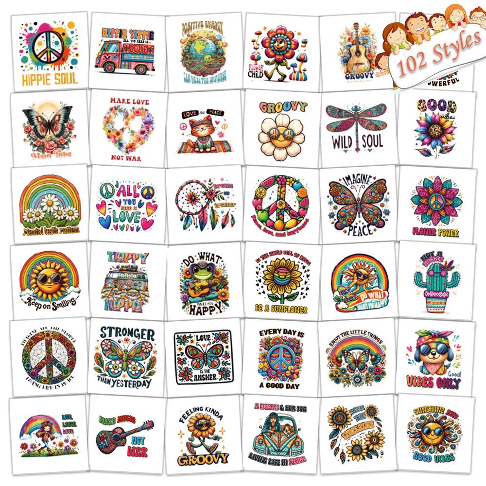 102 PCS Individually Wrapped Groovy 70s Temporary Tattoos for kids - Retro Flower Power Temporary for Girls Boy Body Arm Shoulder Cute Tattoos Stickers, Birthday Party Supplies Gifts for Kids