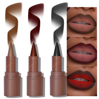3Pcs 2-in-1 Gradient Lip Liner and Lipstick Lip Combo Set - Coffee Bean & Mulberry & Dark Colors Achieve Flawless Contour and Gradual Ombre Effect Crayon Form Cone Tip, Dark Brown Black Lip Liner Set