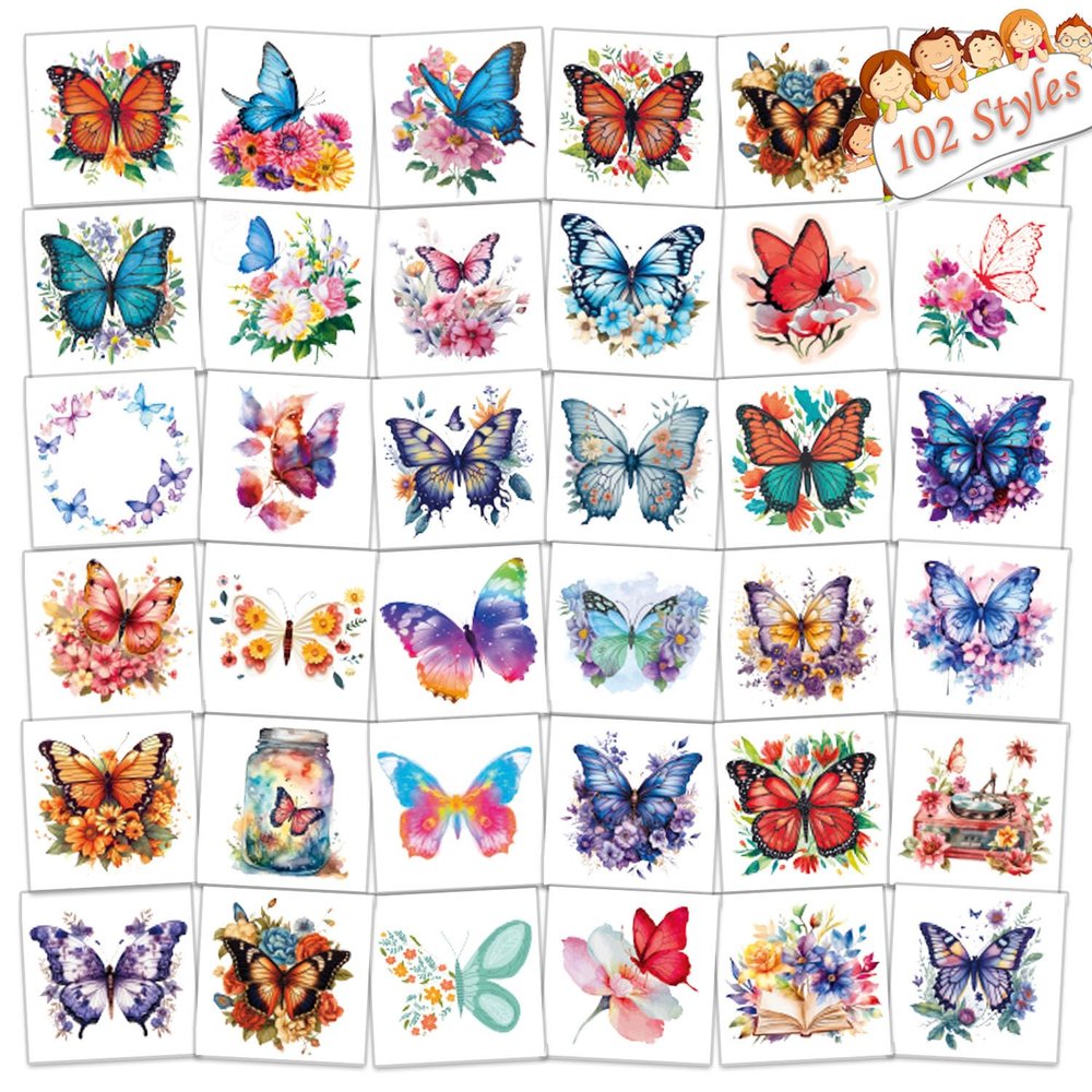 102 PCS Individually Wrapped Butterfly Temporary Tattoos for kids - Flower Temporary for Girls Boy Body Arm Shoulder Cute Tattoos Stickers, Birthday Party Supplies Gifts for Kids