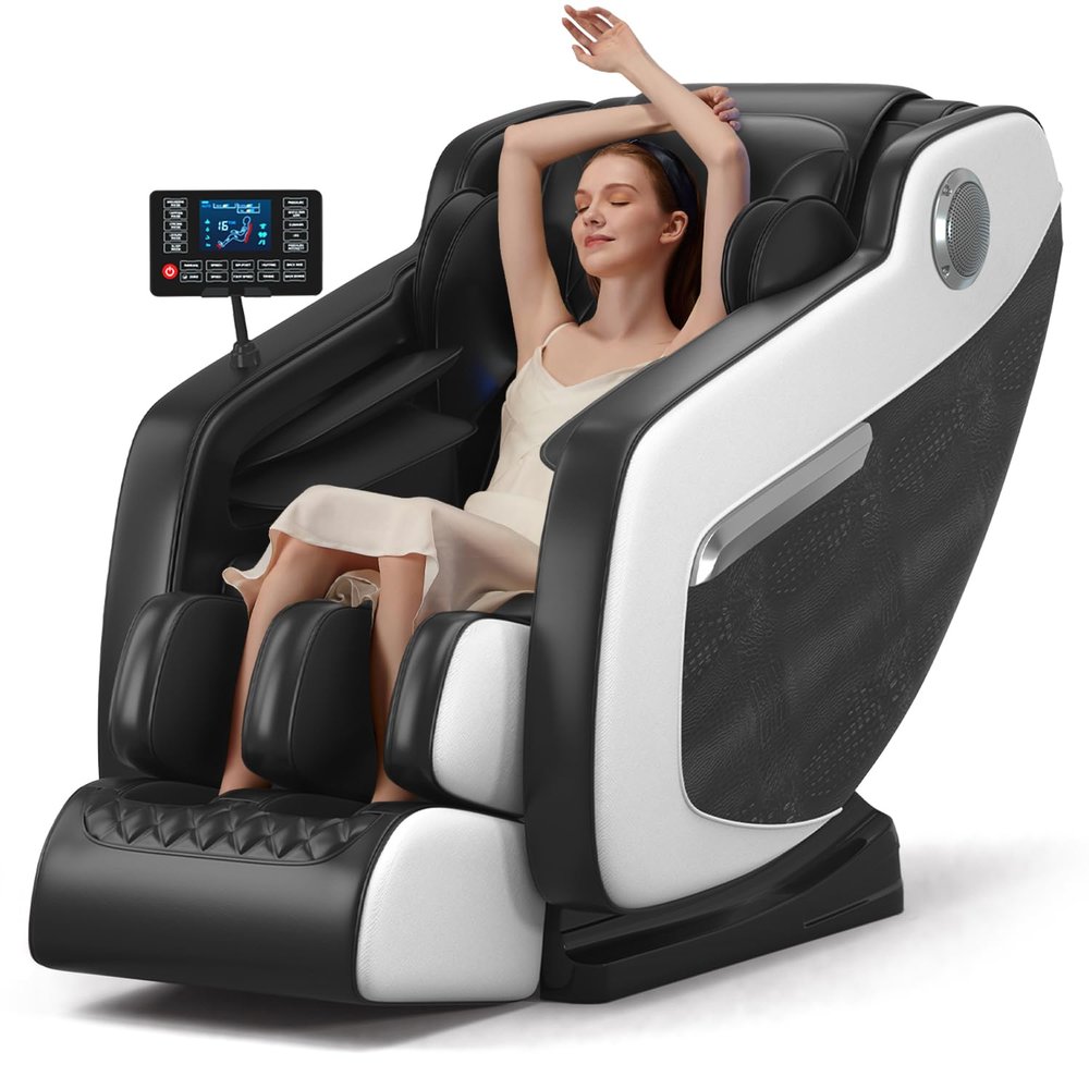AVSAMOQ Massage Chair Full Body, Zero Gravity Massage Recliner with Air Pressure, 10 Fixed Massage Rollers, Heating, Foot Roller, Bluetooth Speaker, for Home Office Men Women-Black