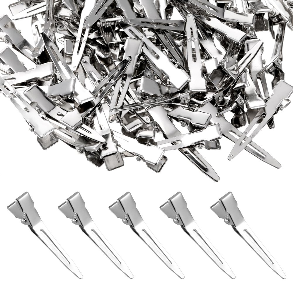 100Pcs Curl Clips for Hair, Metal Silver Duck Billed Clips 1.77 Inch Single Prong Curl Clip Silver Setting Section Hair Clip for Hairs Extensions