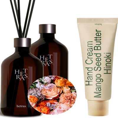 hetras. Perfume Hand Cream | Hinoki 1.69oz. + Premium Reed Diffuser Set 16.9 fl.oz. 2 Pack | Flower Shop Bundle