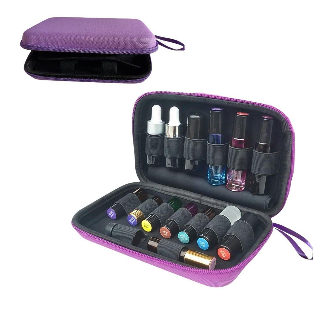 BLIRITEL Essential Oils Organizer Bag, Hard Shell Essential Oil Carrying Case for 15 Bottles, EVA Essential Oil Travel Case for 5ml,10ml Standard and Roller Bottles (Purple)
