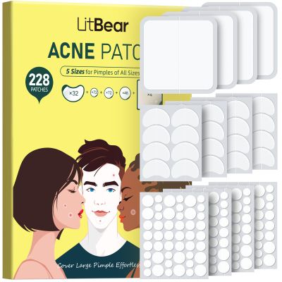 LitBear Pimple Patches for Face, Large Acne Patch, XL Hydrocolloid Bandages,Zit Stickers for Forehead, Chin, Nose, Body, Back, and Chest (5 Sizes, 228 Pimple Patches)
