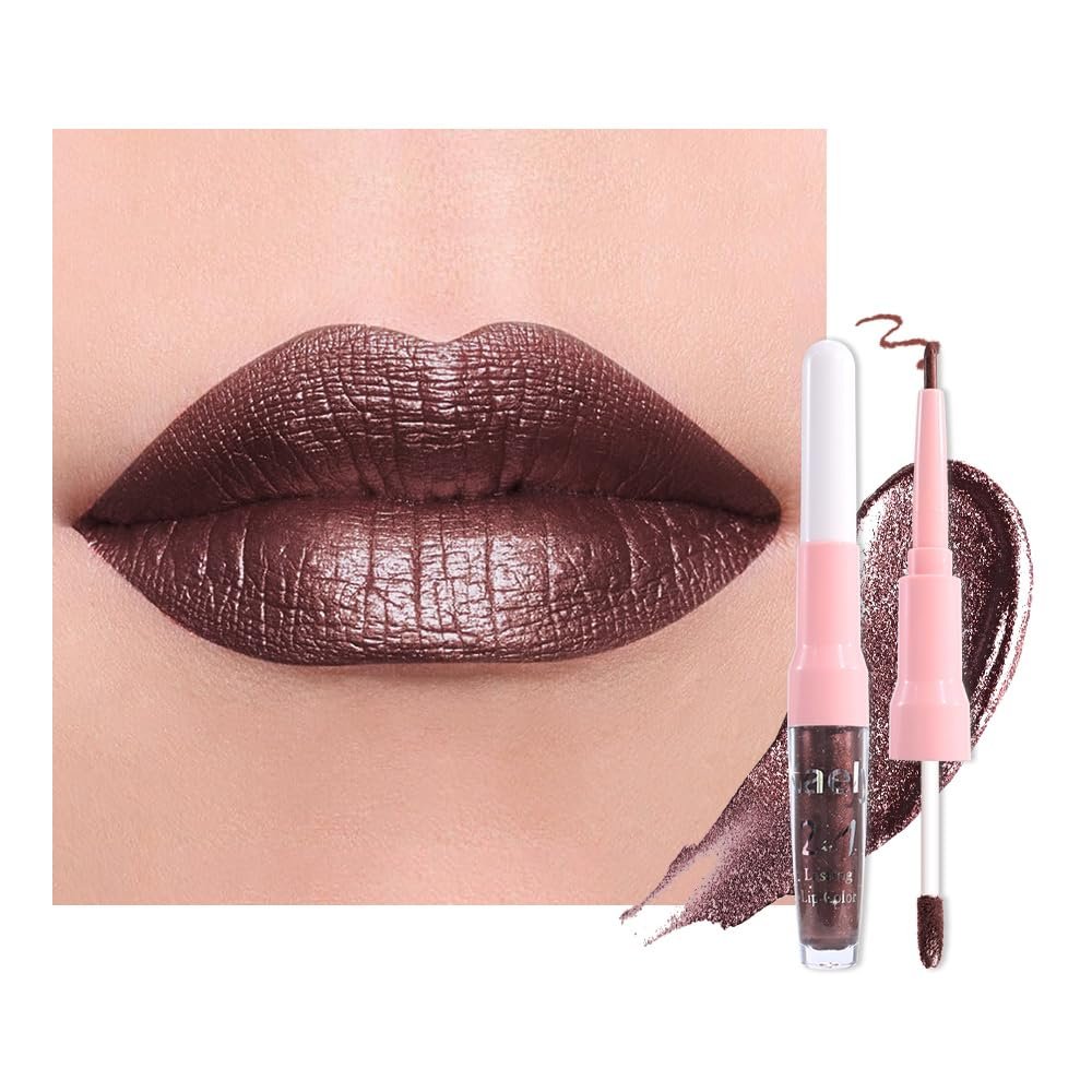 Kaely 2-in-1 Dark Borwn Metallic Lipstick and Lip Liner, Shimmer Liquid Metallic Lipsticks for Women, Glitter Lip Gloss Stain Long Lasting Waterproof Smudge Proof 24 Hour, Vegan Makeup, 11