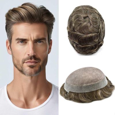 Hair Wonders Toupee For Men Hair Pieces Fine Mono Mens Toupee Hair Replacement System For Men Natural Hairline Mens Hairpiece 6x8 110% light to Medium density#550 5# MEDIUM LIGHT BROWN+50% GREY