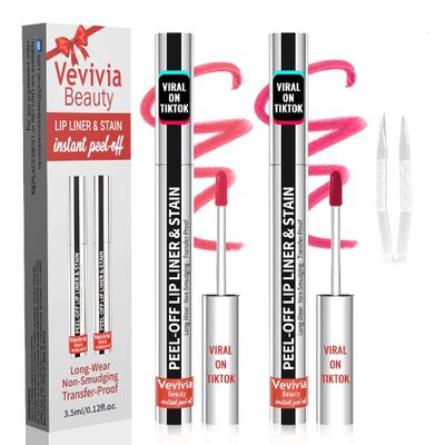2pcs Lip Stain Peel Off - Lip Liner Stain Long Lasting Waterproof,2-in-1 Lip Liner with Tweezer Nude Matte,Non-Stick Cup,Highly PigmentedNatural Finish,Stay On All Day,Perfect for Gift (Nude+Rose)