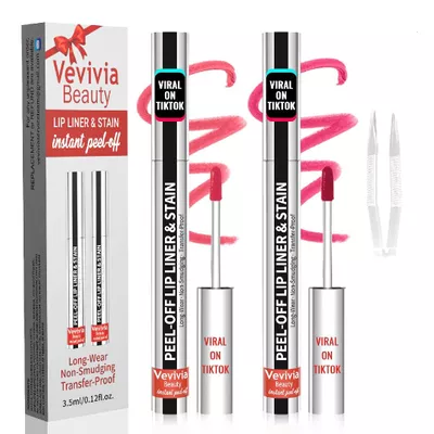 2pcs Lip Stain Peel Off - Lip Liner Stain Long Lasting Waterproof,2-in-1 Lip Liner with Tweezer Nude Matte,Non-Stick Cup,Highly PigmentedNatural Finish,Stay On All Day,Perfect for Gift (Nude+Rose)